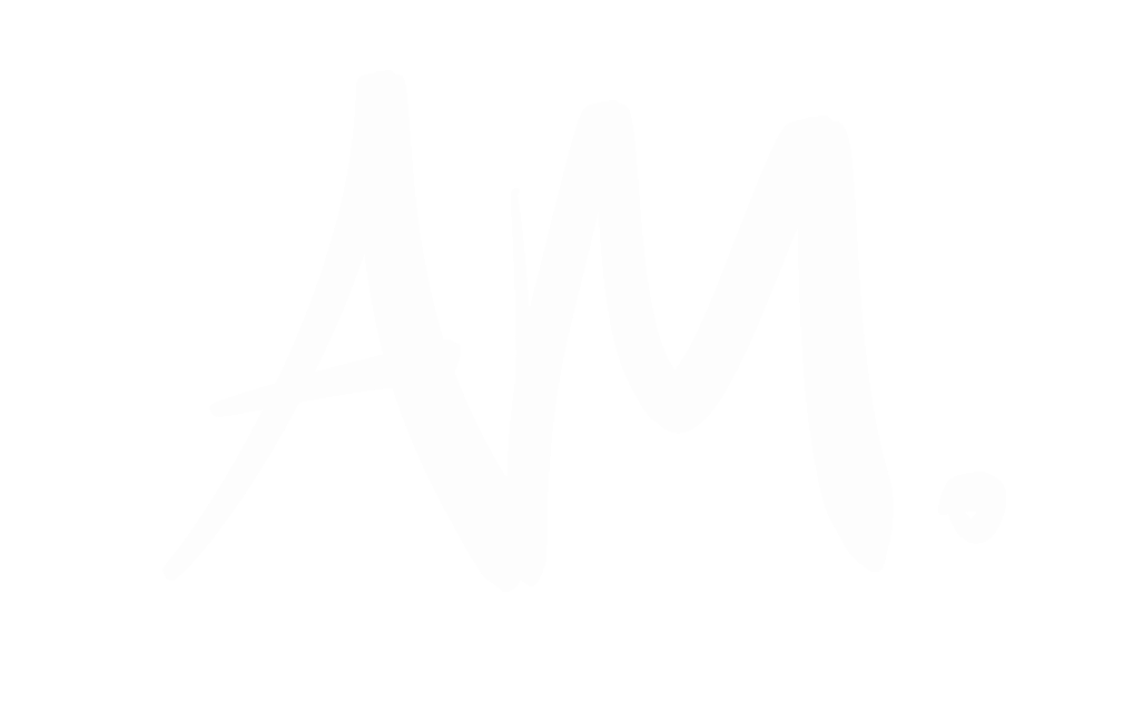 Logo with stylized white 'AM' handwritten letters on a black background.